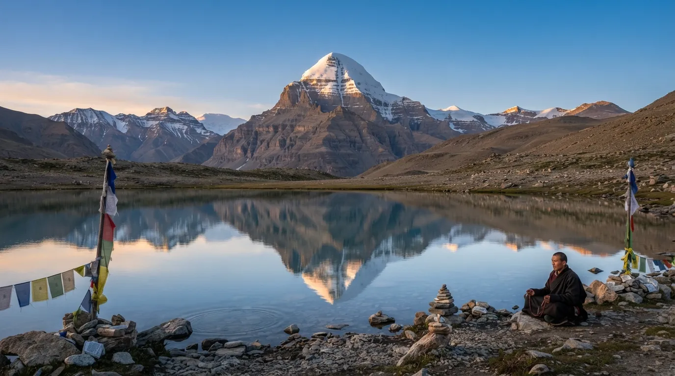 The serene reflection of Shivling and Mount Kailash in the tranquil waters of Lake Mansarovar.
