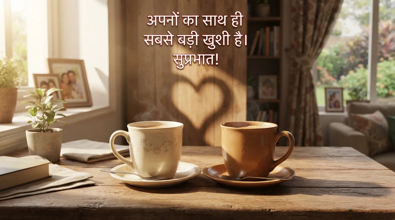 Two coffee cups making a heart shadow with Hindi family morning quote.
