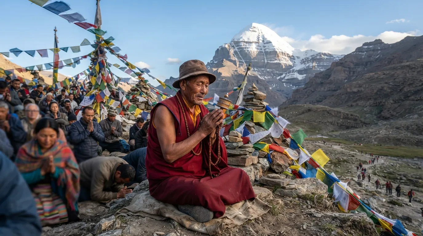 A Buddhist monk offering prayers with Shivling and Mount Kailash in the background.
