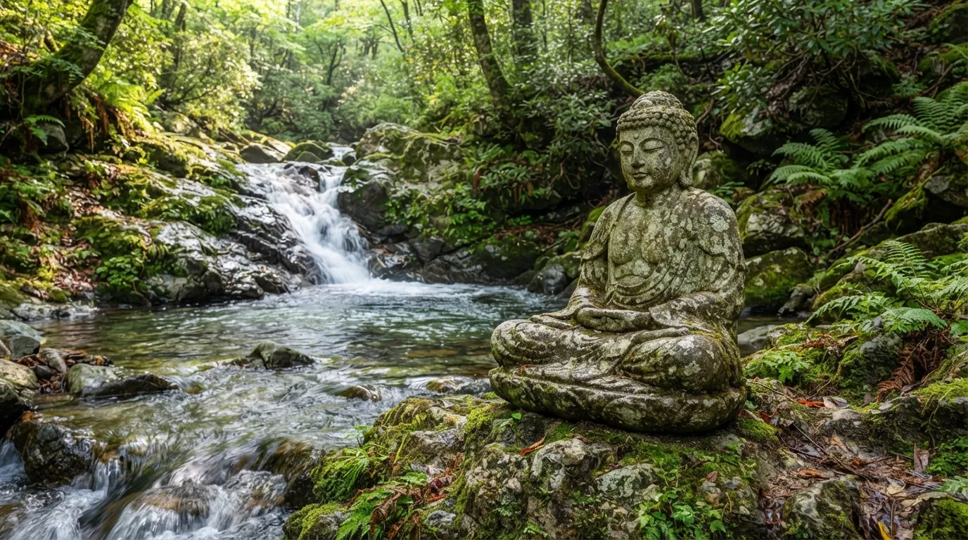 A meditating Buddha statue seated near a gentle, clear mountain waterfall with soft light.