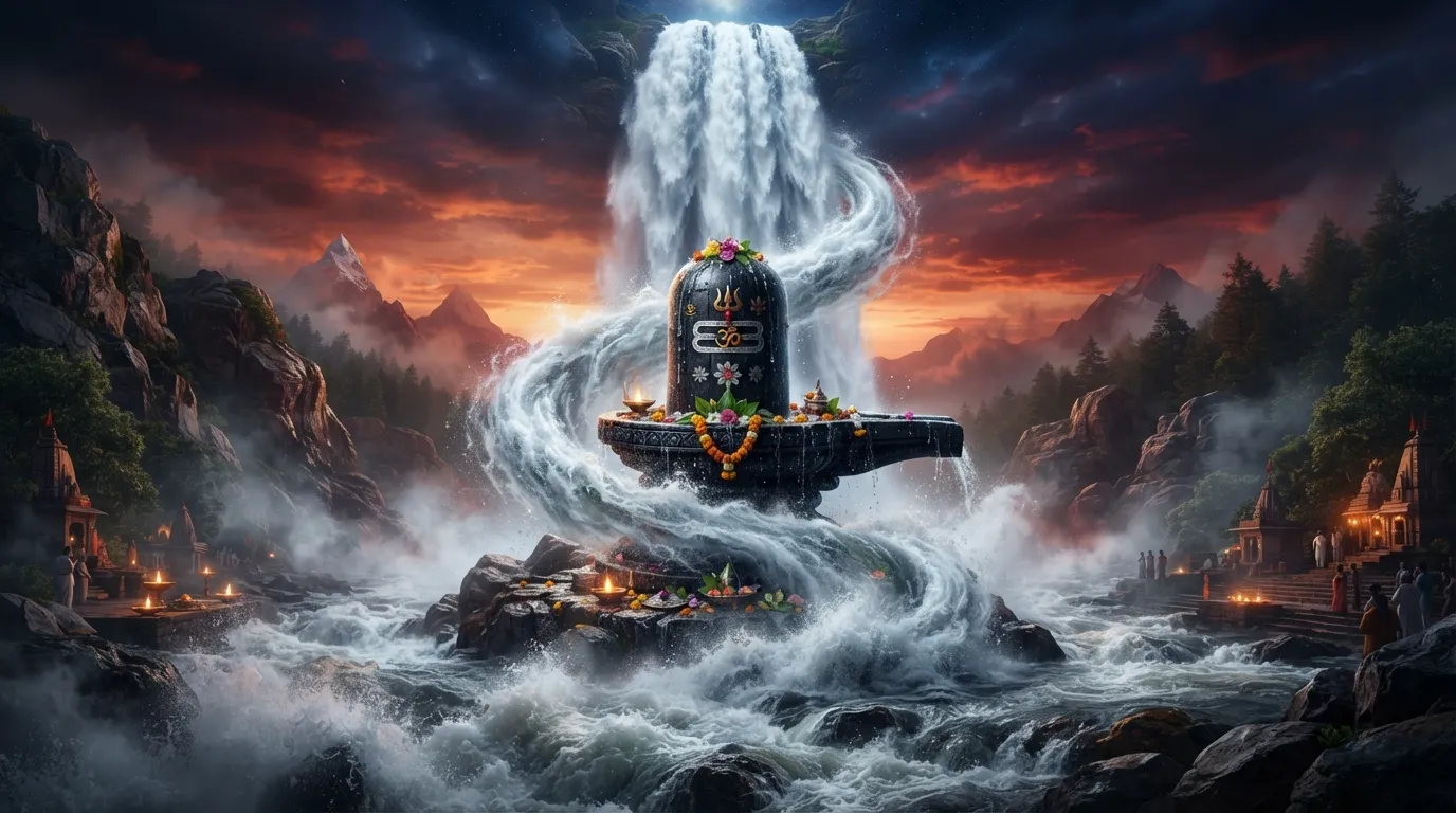 3D shivling graphic image HD with the spiritual descent of River Ganga.