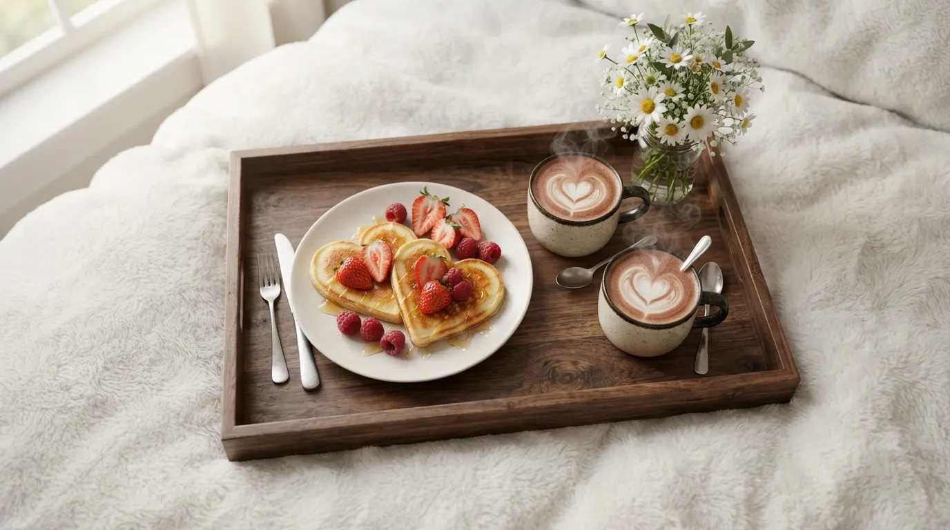 A wooden tray with heart-shaped pancakes and coffee on a cozy bed