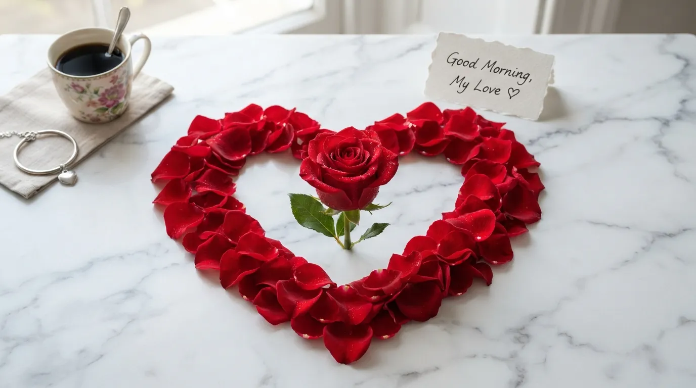 Red rose surrounded by red petals arranged in a heart shape on light marble