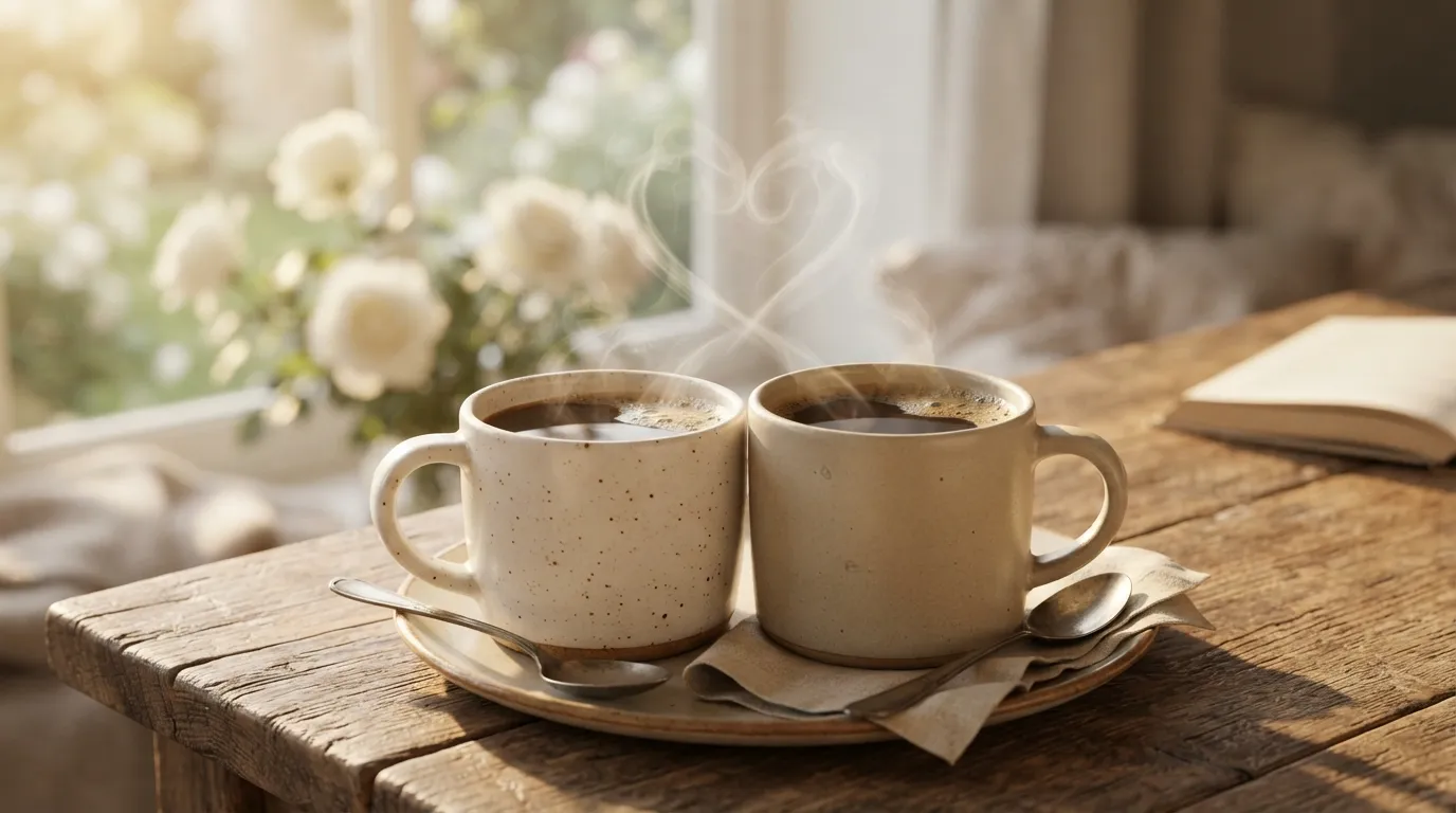 Two coffee mugs forming a heart shape with morning sunlight background