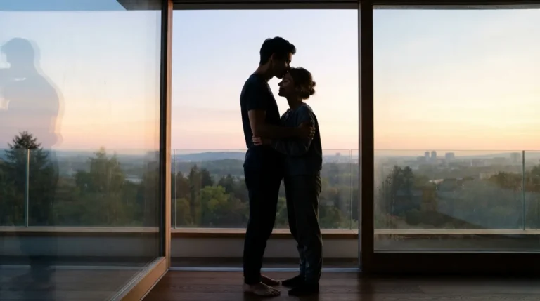 Silhouette of a man kissing a woman on the forehead at dawn