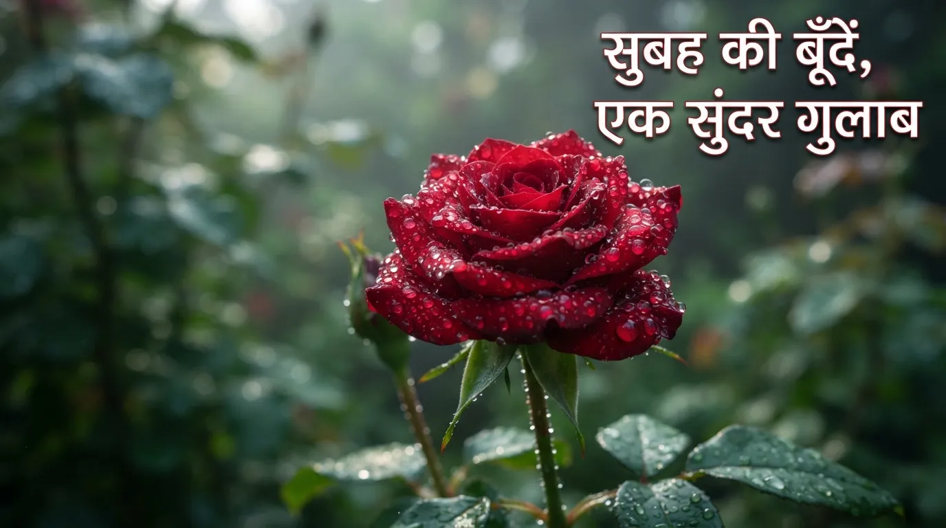 A beautiful red rose blooming in a garden covered in fresh rain water drops.