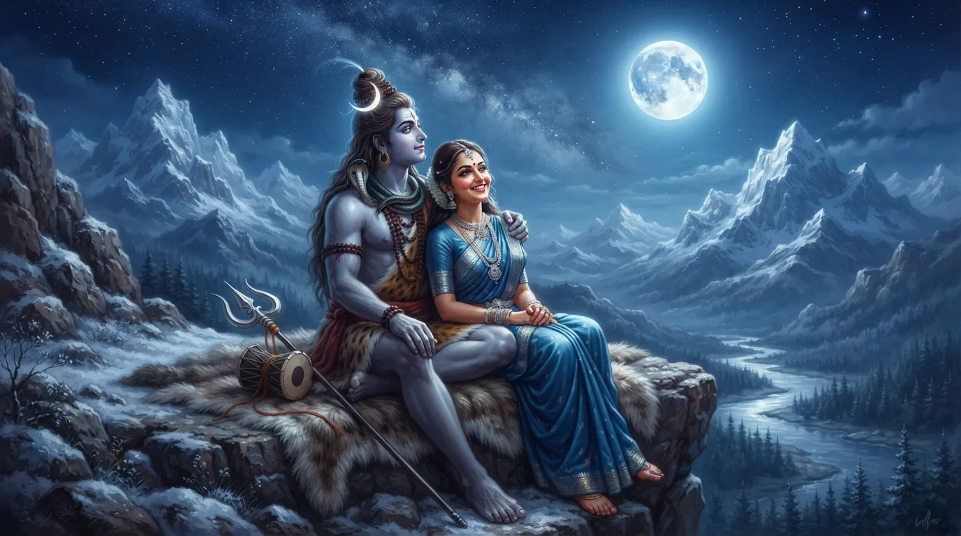 A romantic painting of Shiva and Parvati sitting together under a full moon night.