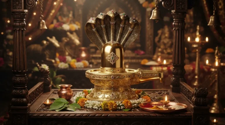 Luxurious full hd wallpaper of a polished golden shivling decorated with diamonds and rubies.