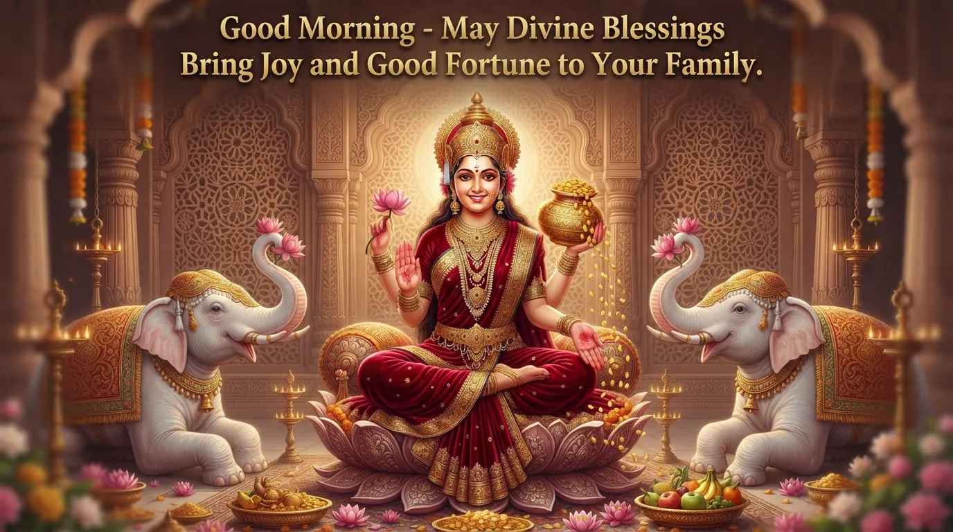 Beautiful Goddess Laxmi in red saree with golden background morning image