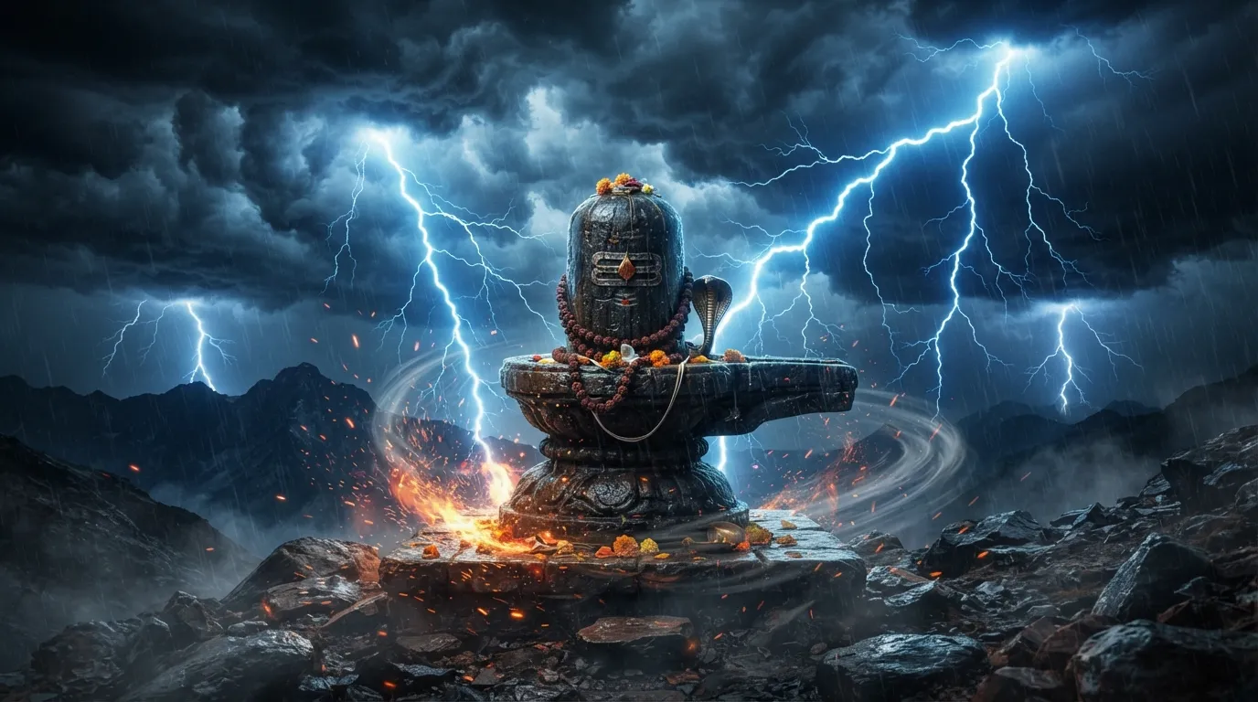 Dramatic full hd wallpaper of a rudra stone shivling surrounded by lightning bolts and dynamic energy.