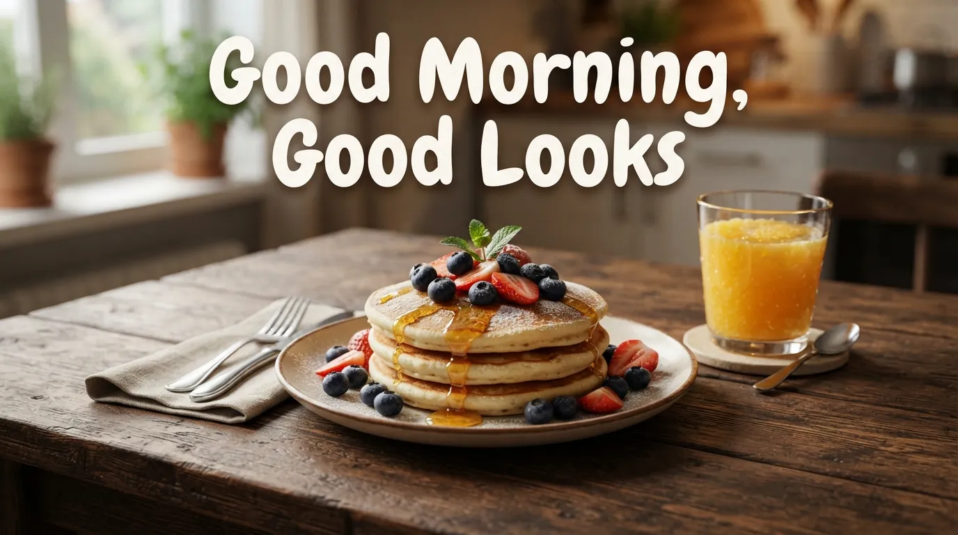A rustic wooden table setup with pancakes, honey, and fresh berries.