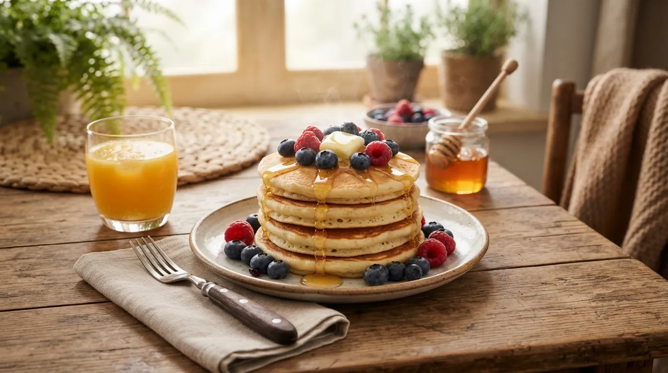 A rustic breakfast table with pancakes, honey, and fresh berries in the morning.