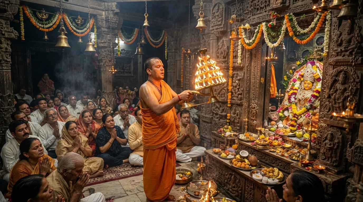 Painting of a devotional evening Aarati ritual with brass lamps dedicated to Goddess Parvati