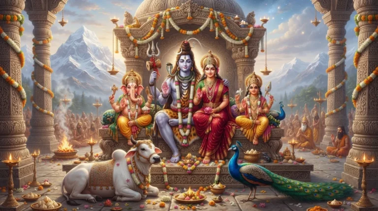 Full assembly of Shiva, Parvati, Ganesha, Kartikeya, Nandi, and the peacock in a grand court setting
