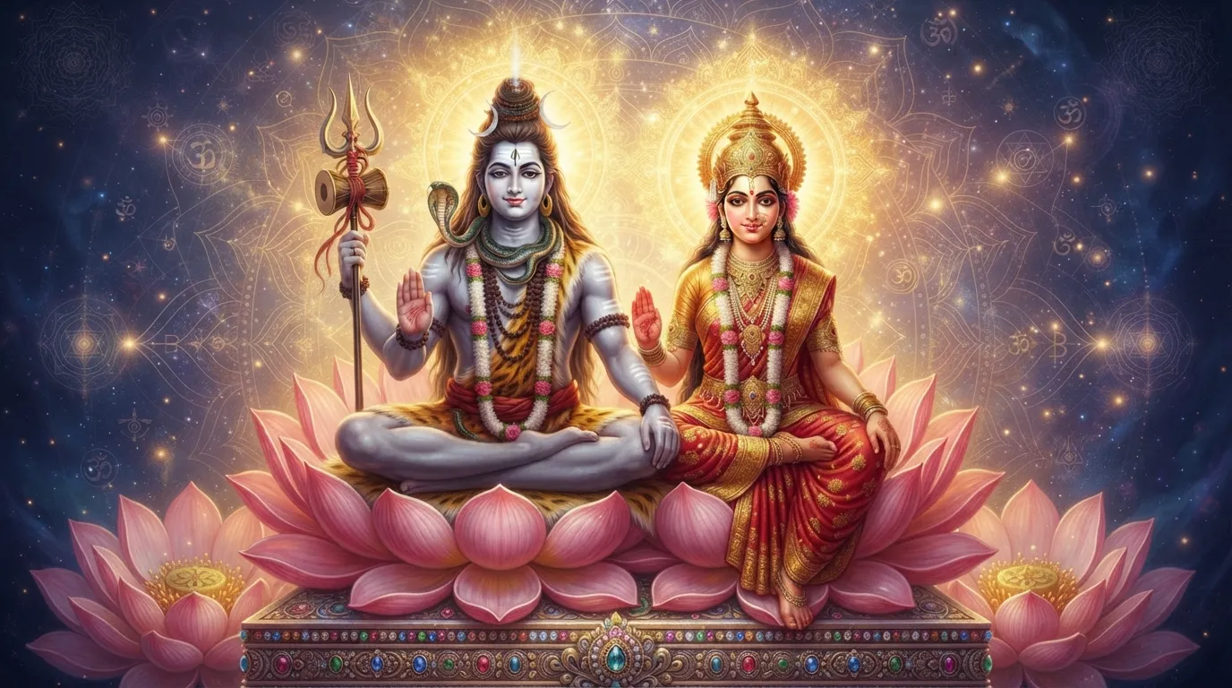 Detailed depiction of Shiva and Parvati surrounded by a large golden aura on blooming lotus thrones.