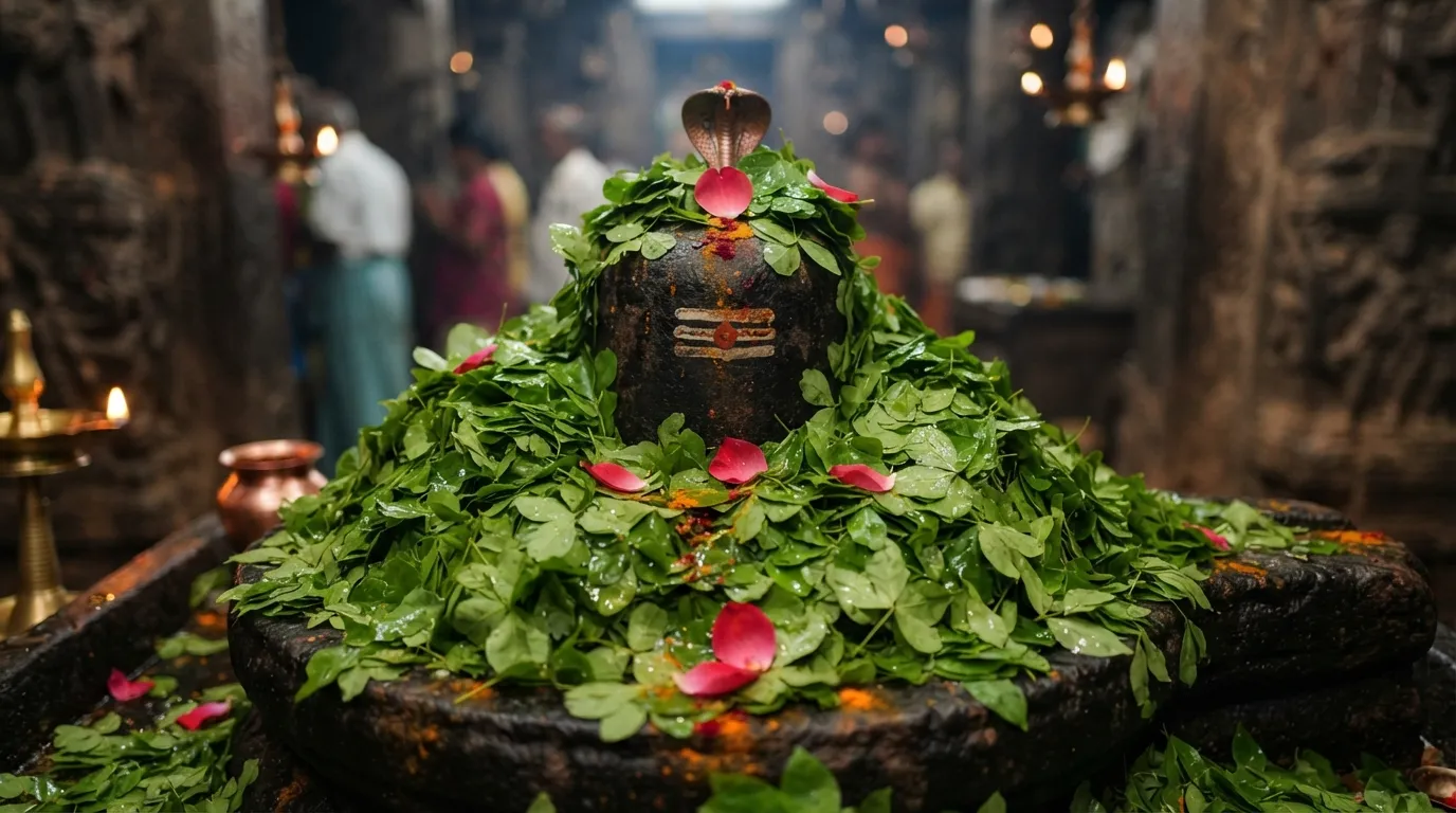 Close-up of Rameshwaram temple Shivling covered in holy bilva leaves inside Karpagragam.