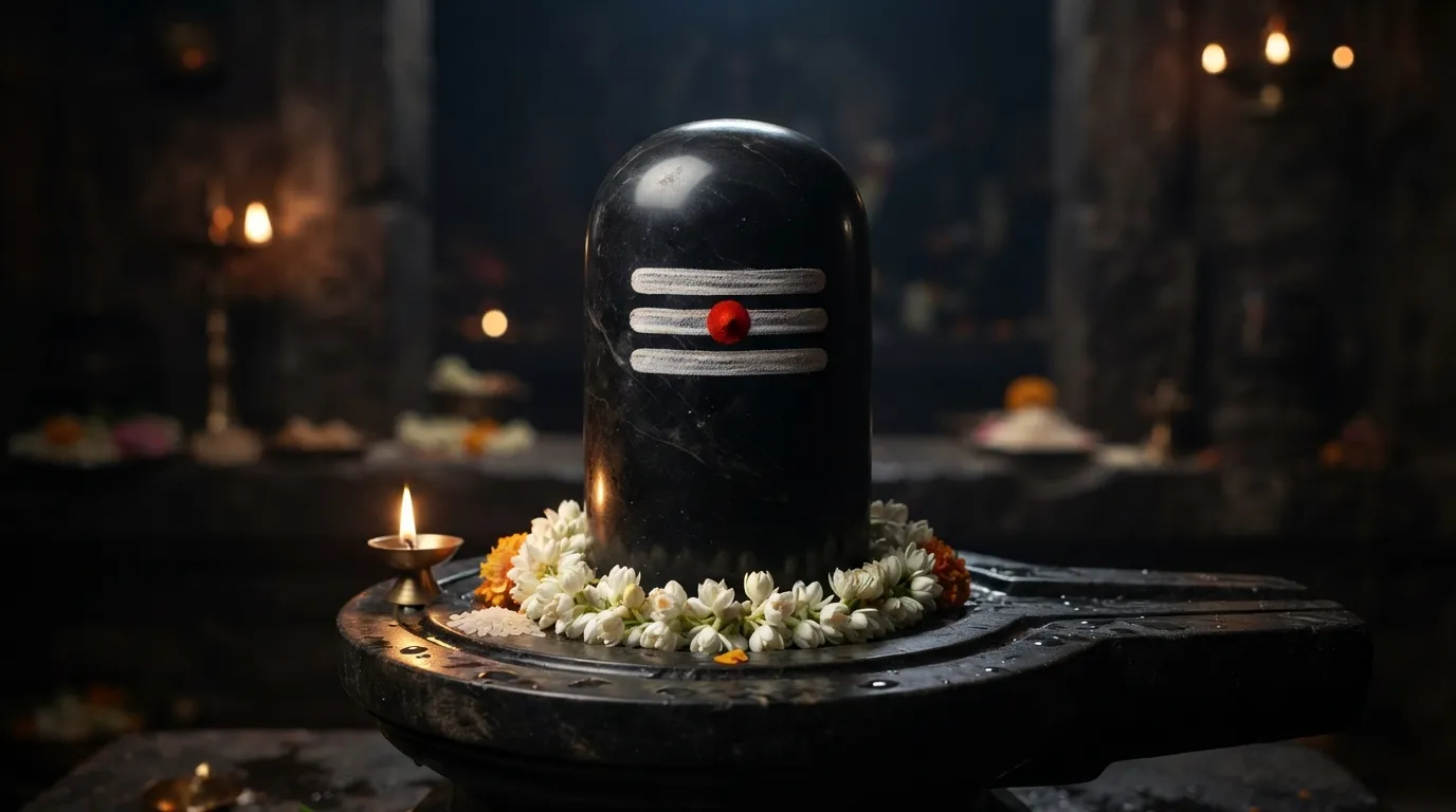 Full HD close-up photo of a black marble Shivling featuring the traditional white Tripundra and red third eye mark.