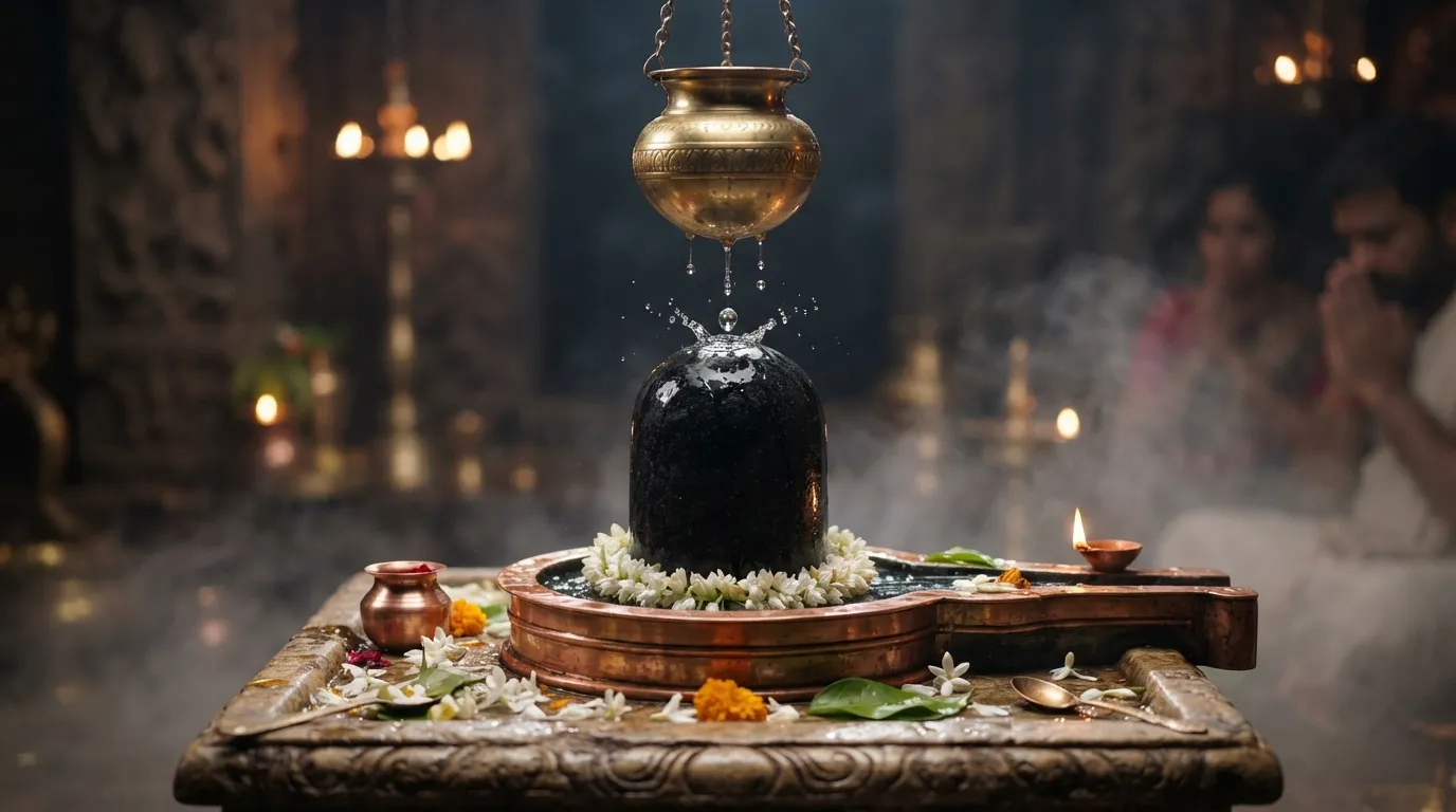 High-resolution picture of a black Shivling with water drops glistening on its surface during Abhishek.