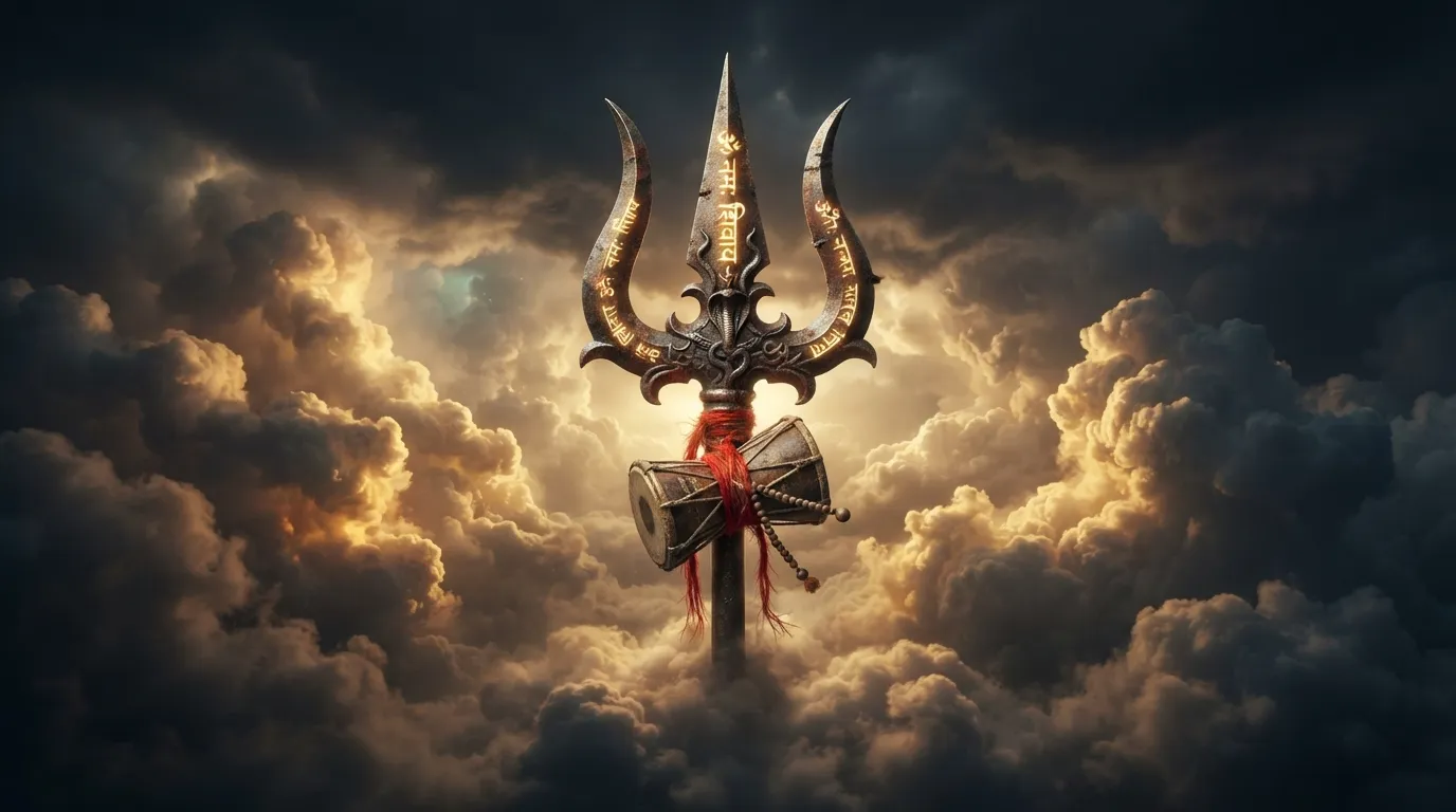 The holy Trishul and Damru of Lord Shiva standing tall amidst glowing divine golden clouds.