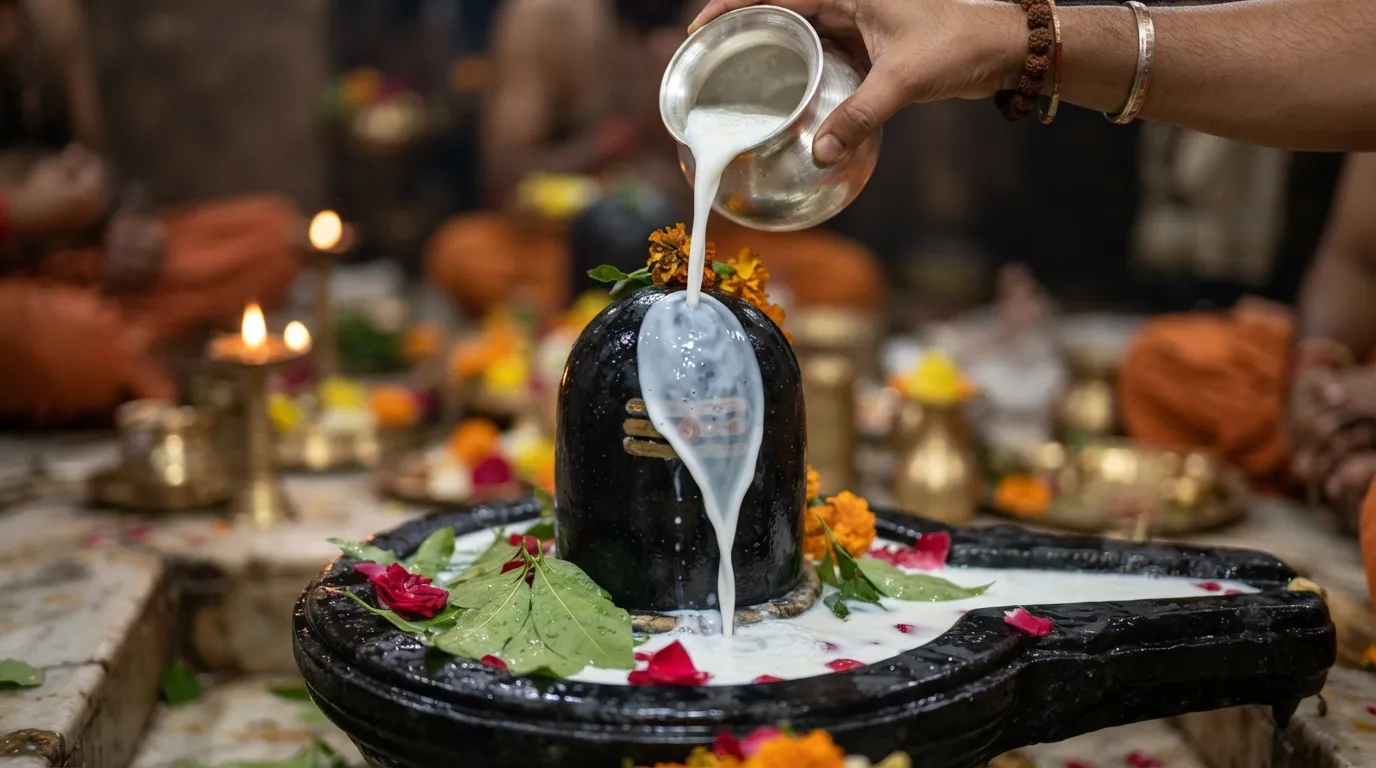 Full HD action shot of pure white milk being poured over a shiny black stone Shivling during prayer.