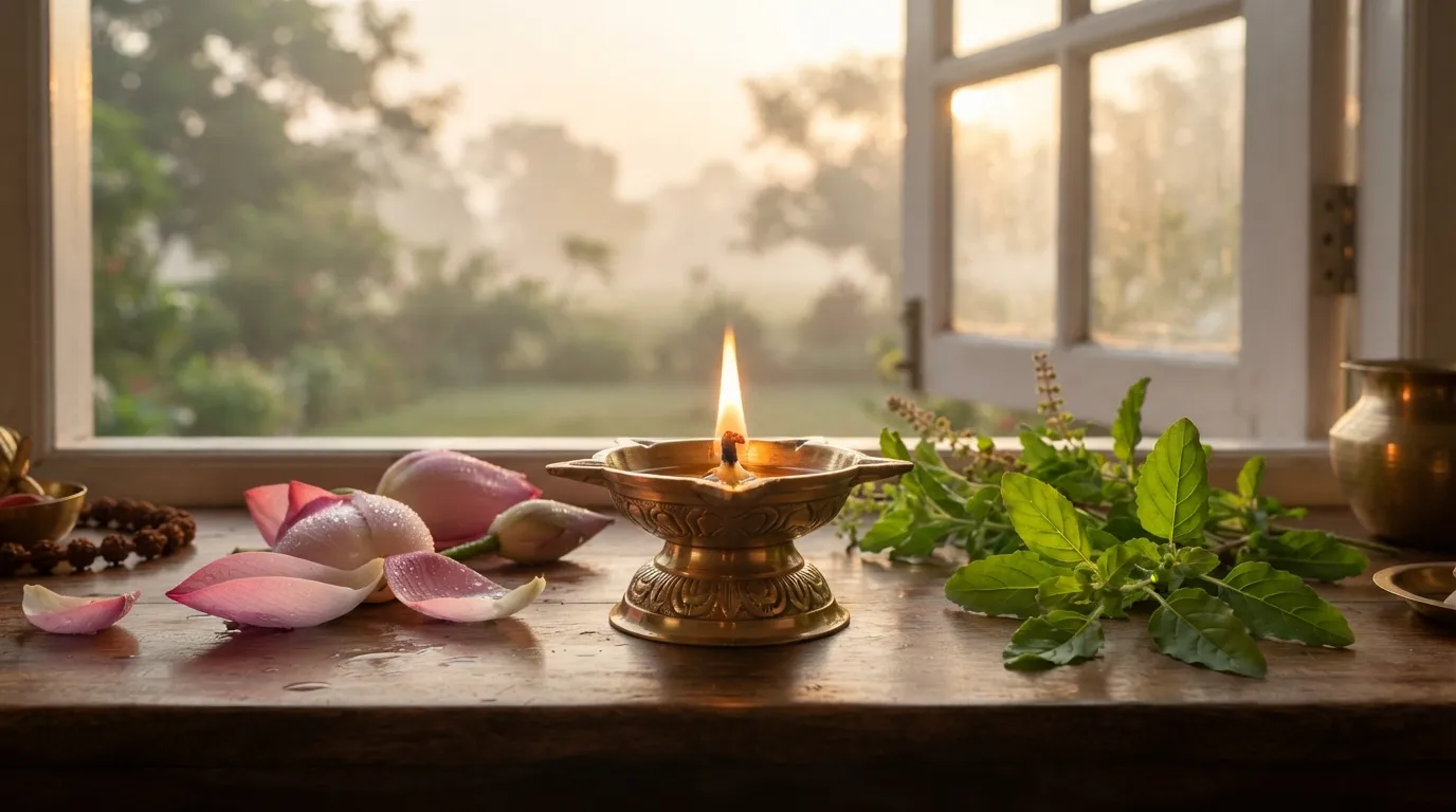 Glowing brass oil lamp and fresh flowers for Saturday God morning image