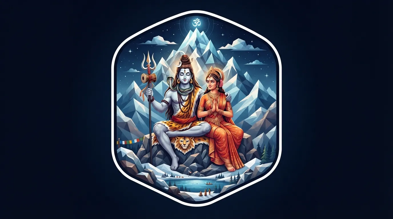 Stylized sticker illustration of Shiva and Parvati standing together in front of a geometric Mount Kailash.