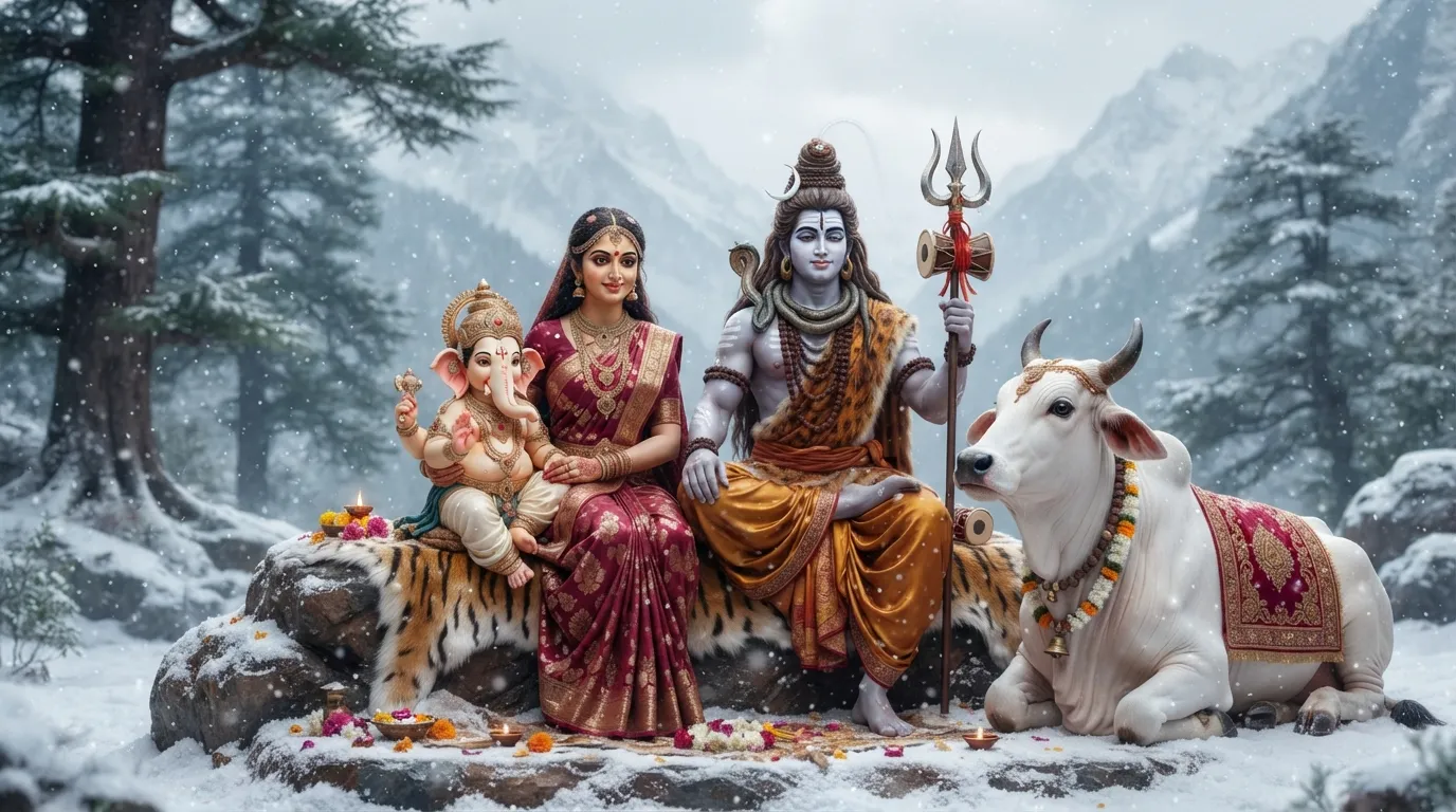 The holy bull Nandi sitting faithfully next to the Shiva family during a gentle Himalayan snowfall.