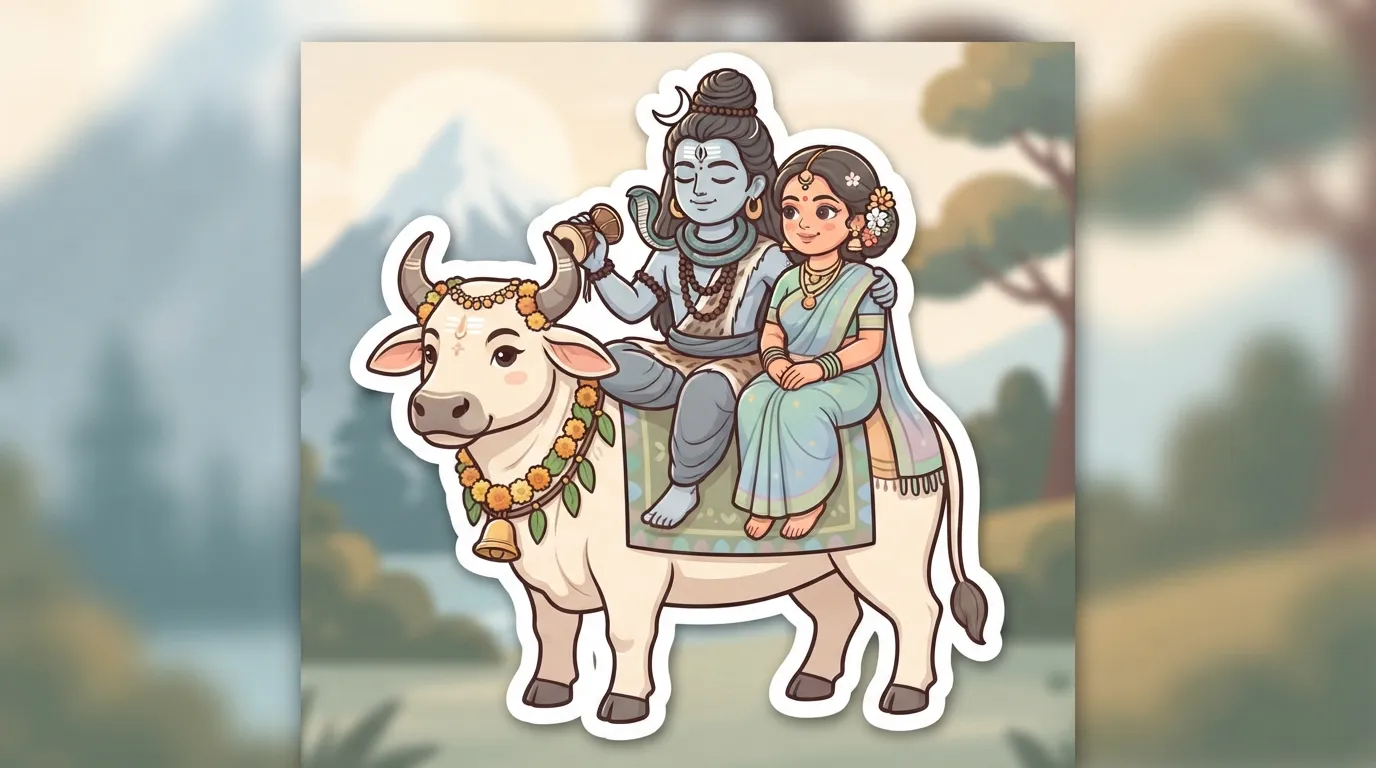 Cute sticker style vector of Shiva and Parvati sitting gracefully on their divine vehicle Nandi the bull.
