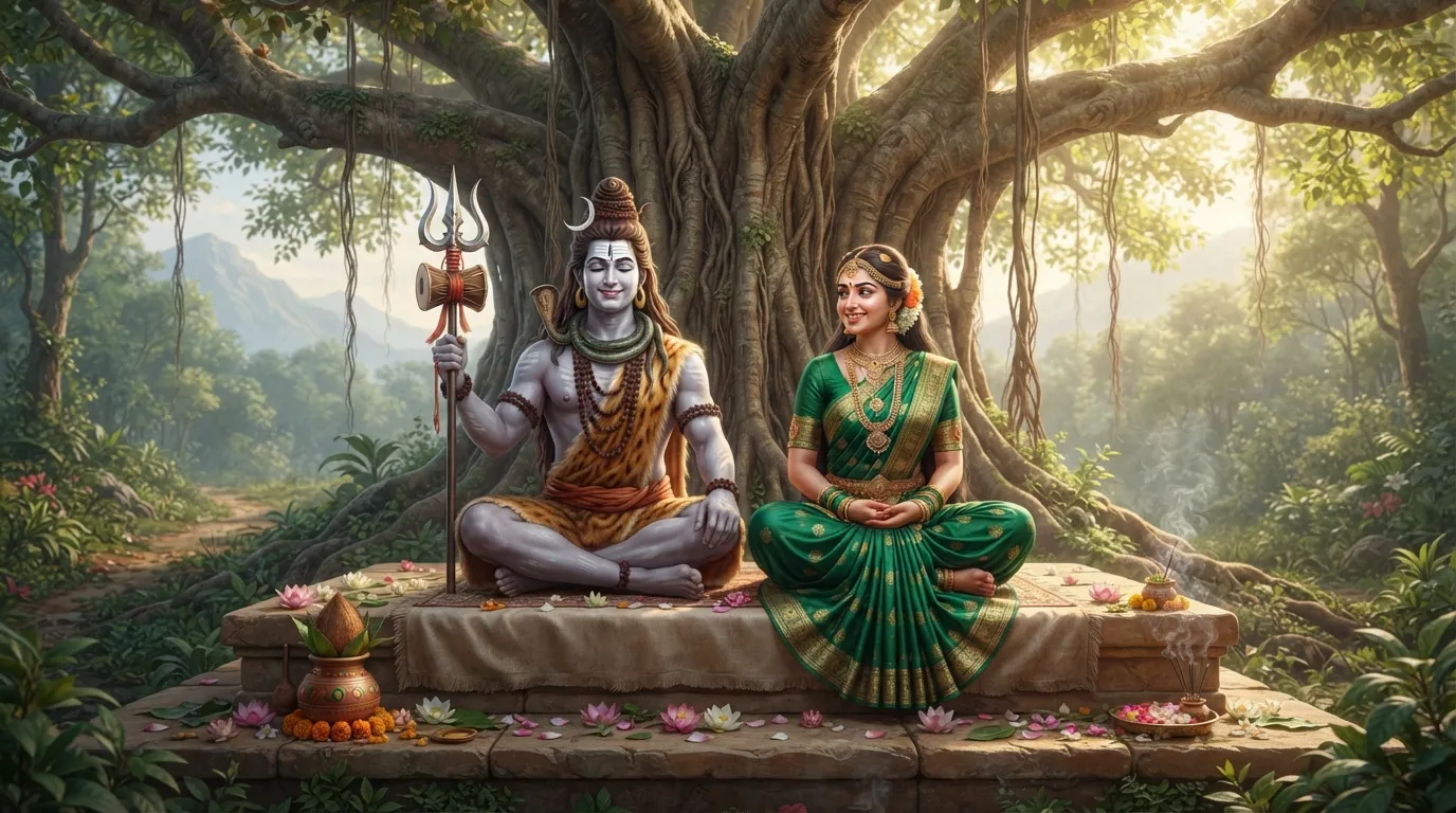 Hindu god and goddess meditating together under a sacred tree