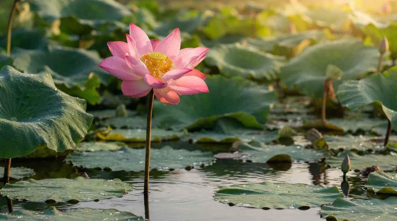 Sacred pink lotus flower blooming elegantly above water level in morning sun