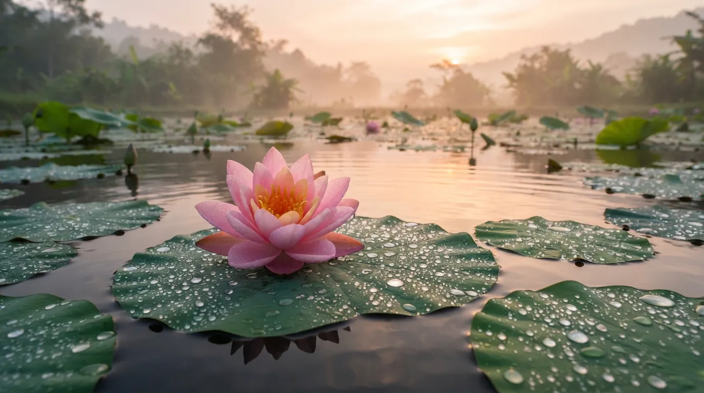 A beautiful pink lotus blooming on a calm pond surface during a peaceful morning sunrise.
