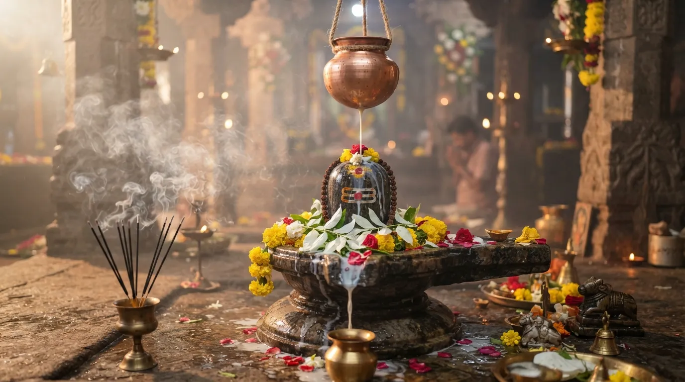 Sacred Shiva Lingam decorated with flowers and milk Jai Bholenath photo