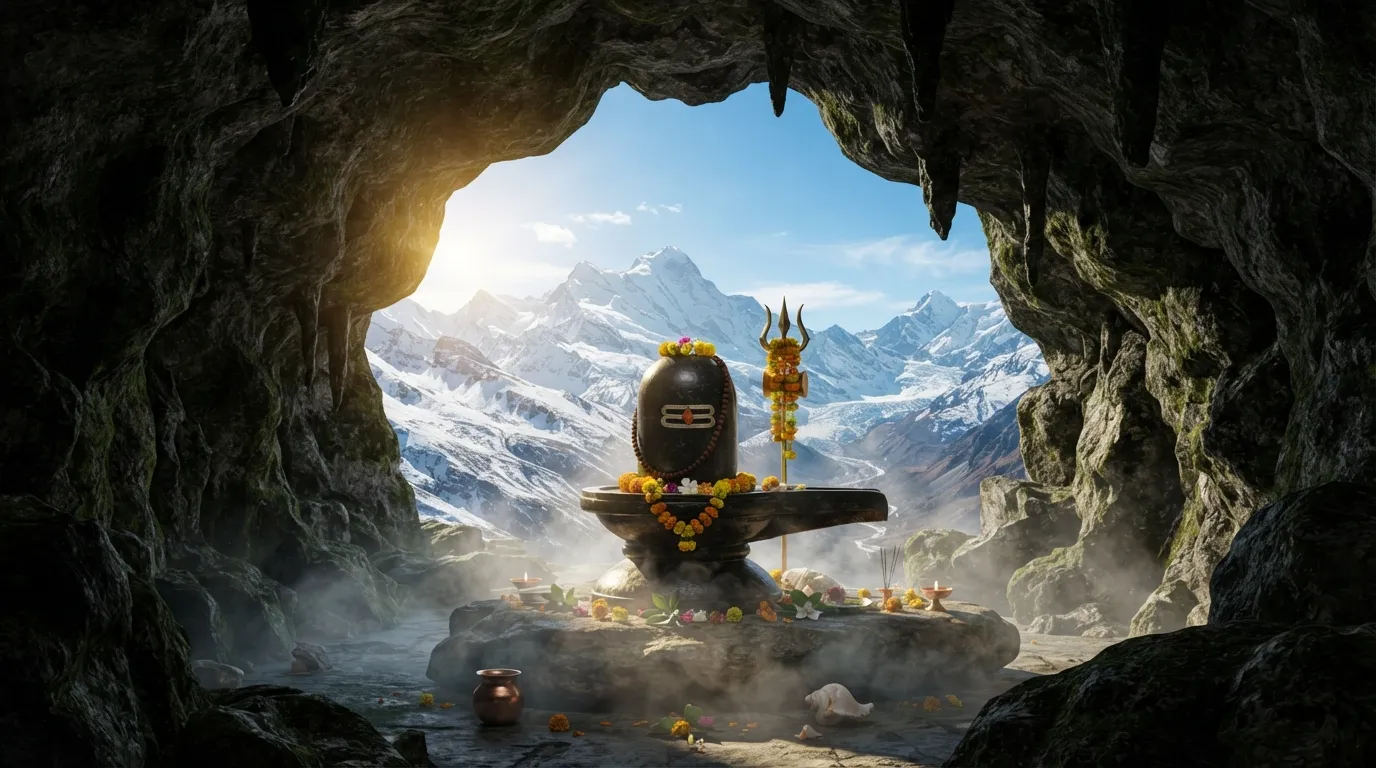 Full HD images of shivling placed inside a natural stone cave in the snowy Himalayan mountains with sunlight glowing.