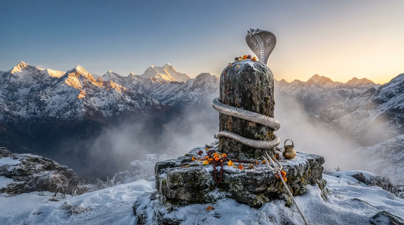 Full HD photograph of a sacred stone Shivling surrounded by snow-capped peaks of the Himalayas under a clear blue sky.