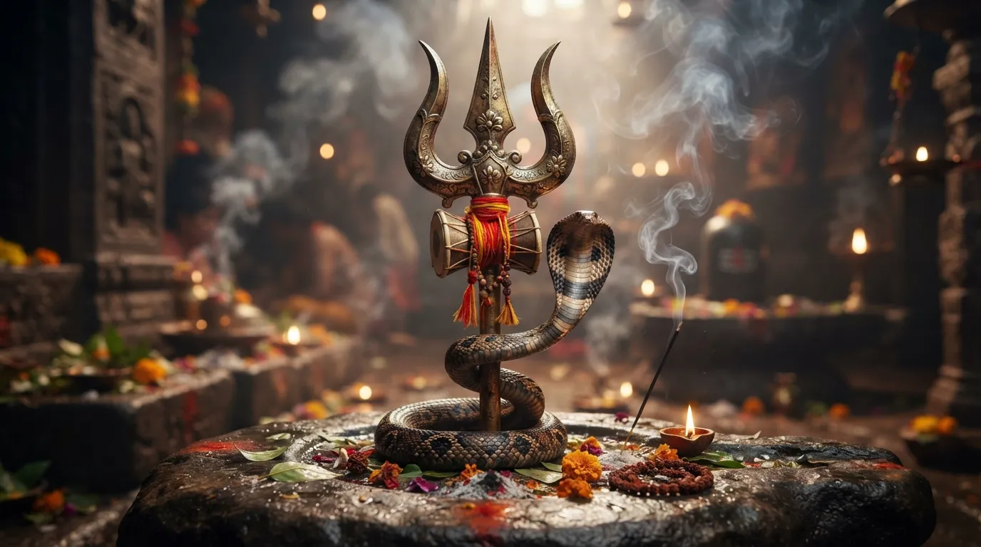Luminous Trishul and Damru with a holy snake wrapped around it in 4K ultra HD.