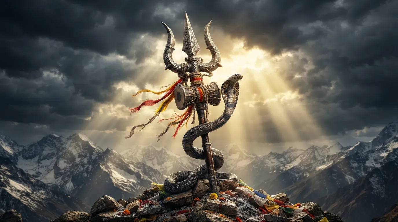 The holy trident Trishul of Lord Shiva with Damru tied to it in 4K.