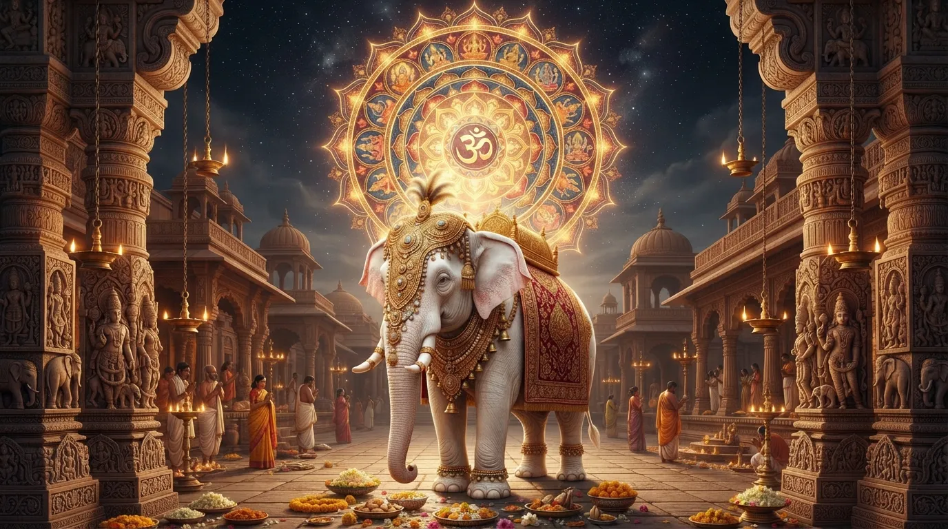 An ornate white elephant standing gracefully beneath a glowing central mandala with traditional temple decorations.