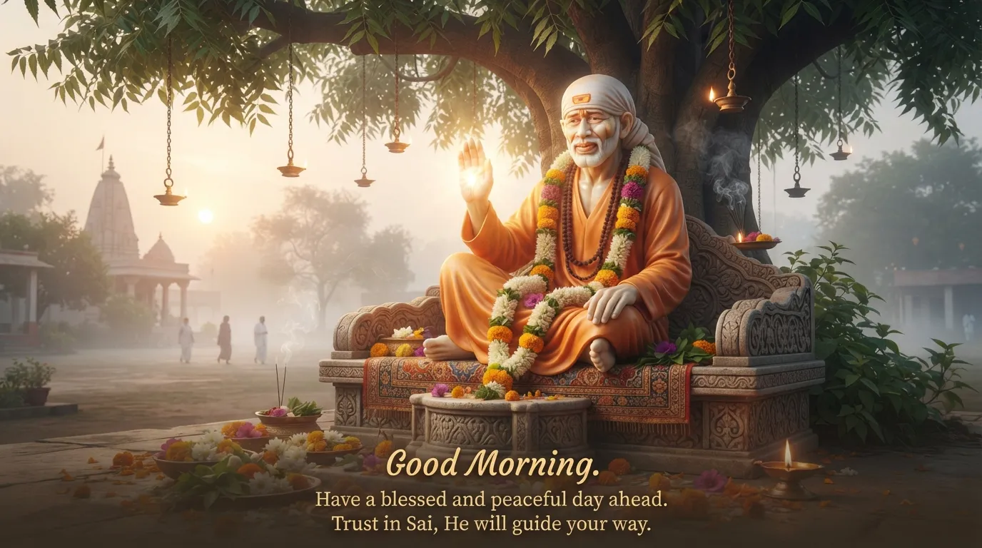 Shirdi Sai Baba blessing hand good morning image with positive quote