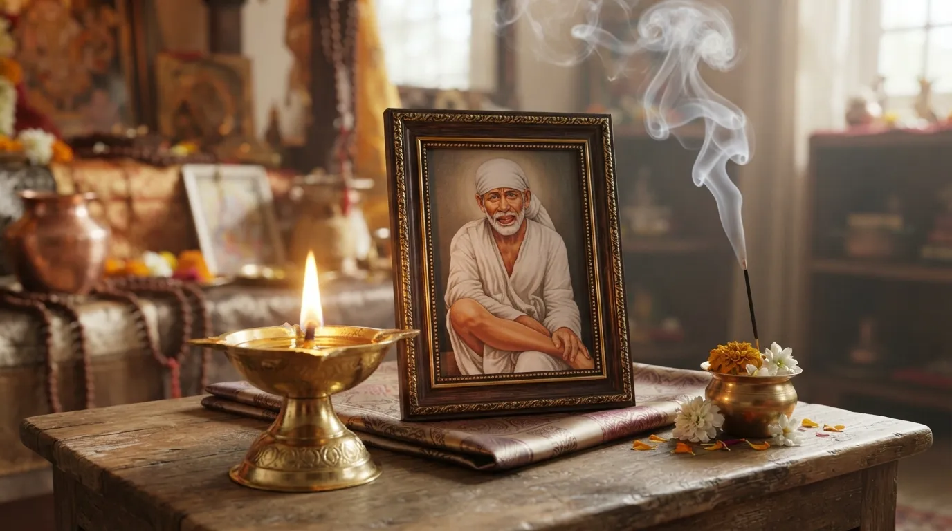 Traditional brass diya lighting up next to a Sai Baba portrait in morning ambiance