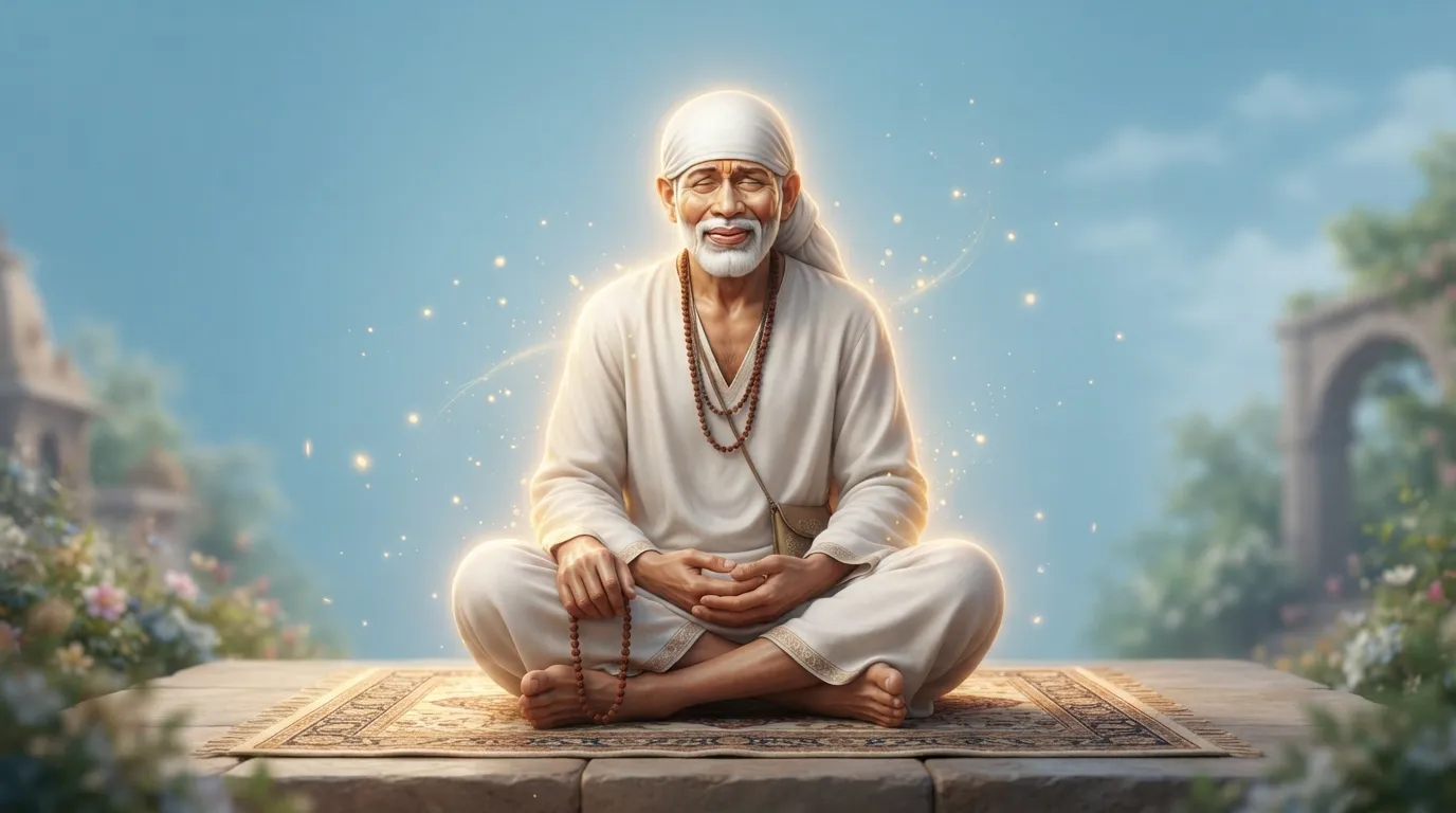 Sai Baba surrounded by a soft glowing aura of light and positive energy