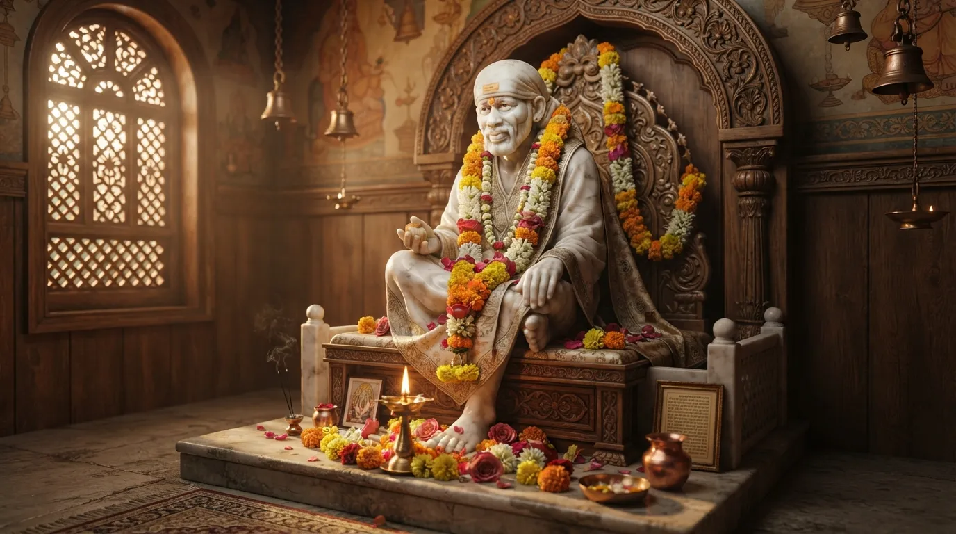 Sai Baba marble idol in a beautifully lit Shirdi temple hall