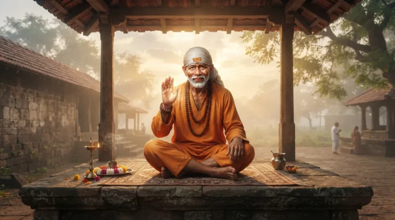 Shirdi Sai Baba sitting peacefully during a golden sunrise with blessings pose