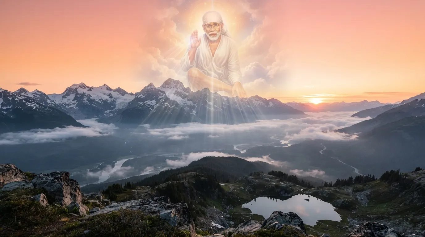 Translucent vision of Sai Baba above misty mountains during a calm sunrise