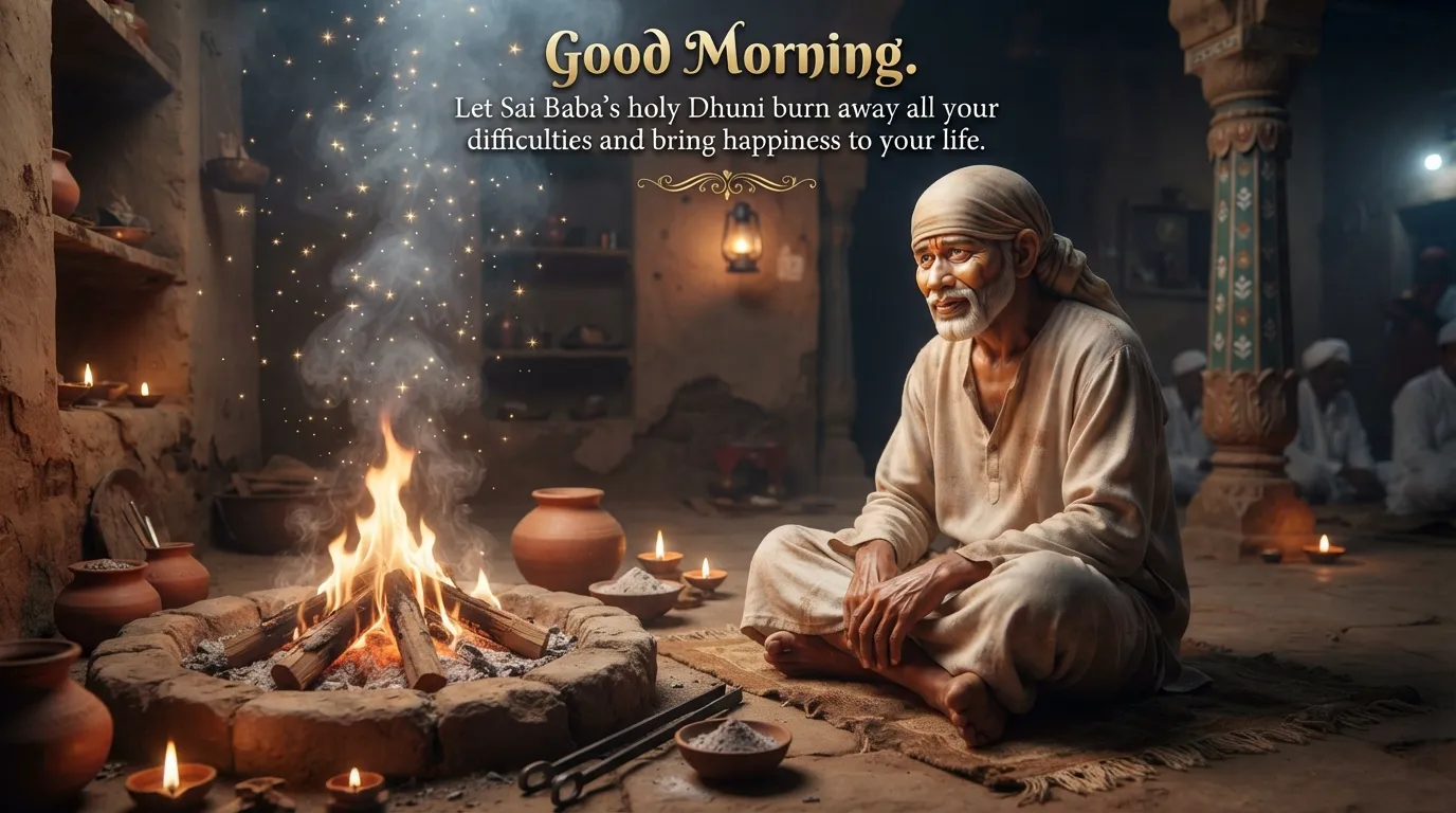 Divine Sai Baba image beside the sacred Dhuni with morning greetings