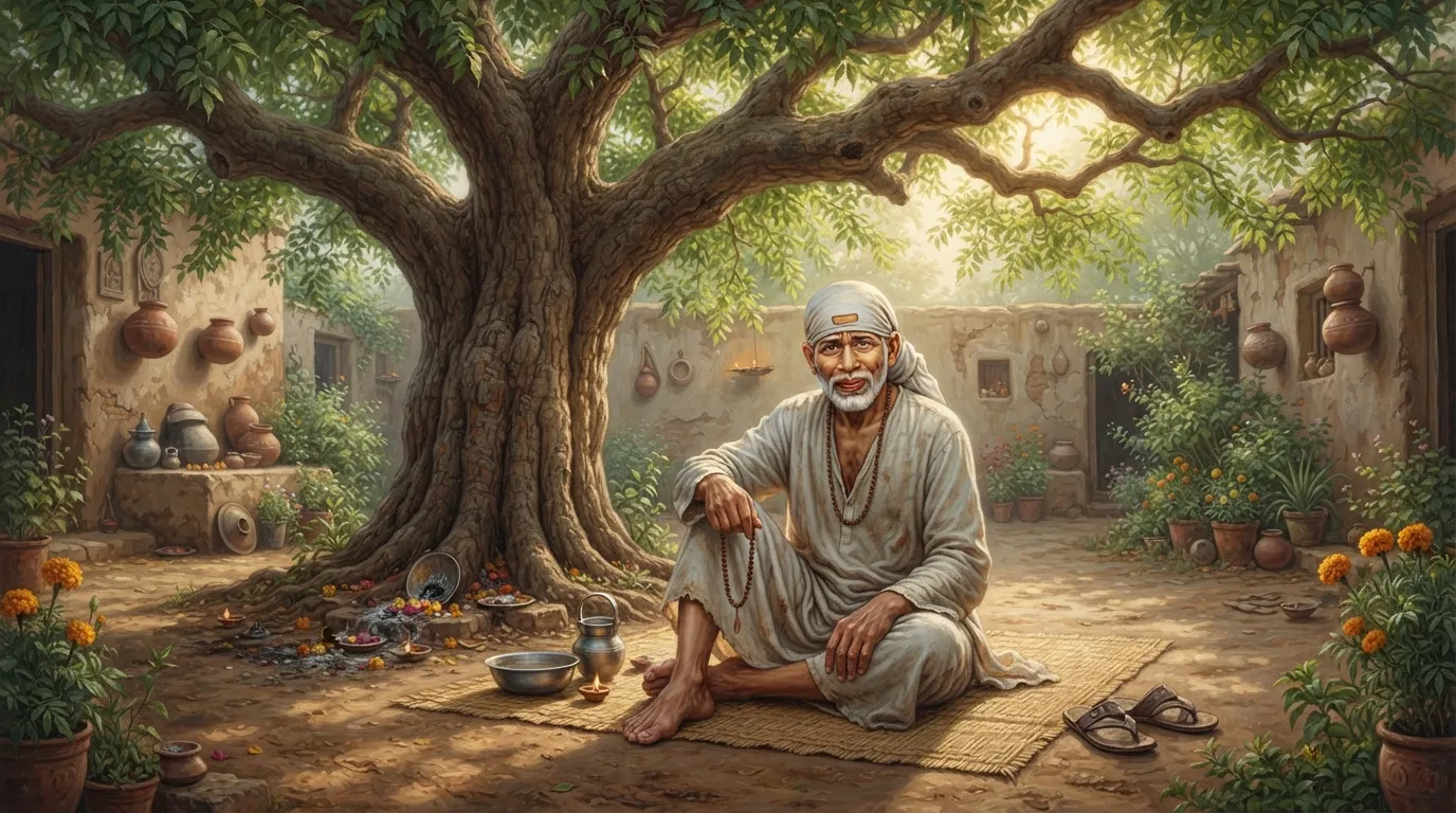Sai Baba sitting under the sacred Gurusthan neem tree in Shirdi during early morning