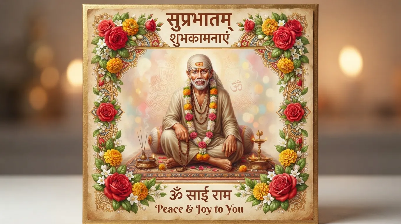 Artistic vintage painting of Sai Baba framed with red roses and marigold flowers