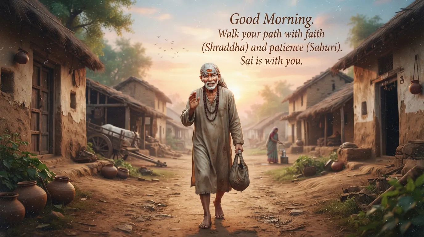Simple living Sai Baba walking in Shirdi village morning scene