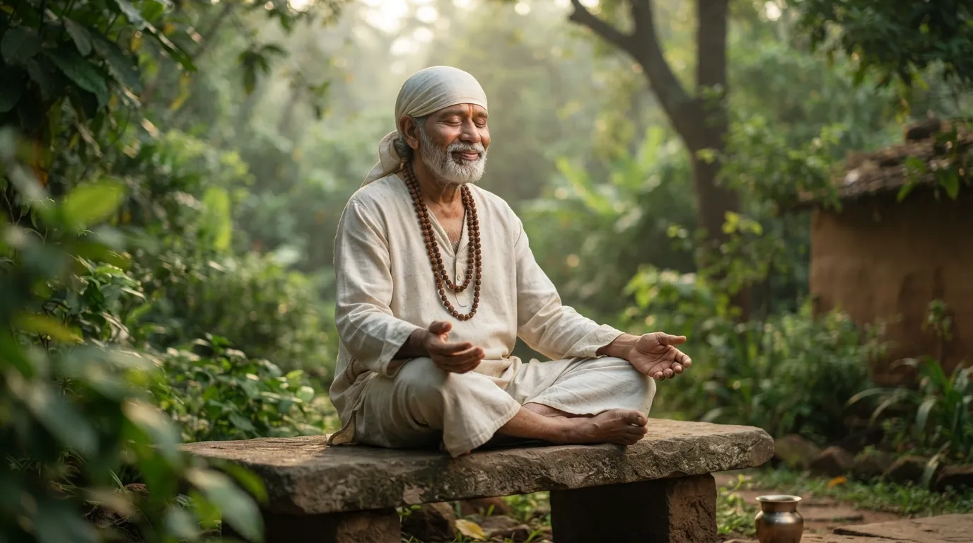 Sai Baba in a classic white robe sitting on a stone bench in a quiet morning garden