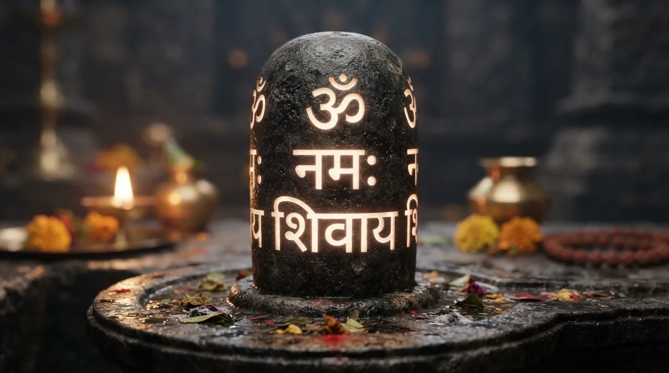 Detailed 3D shivling graphic image HD with glowing Sanskrit mantras.