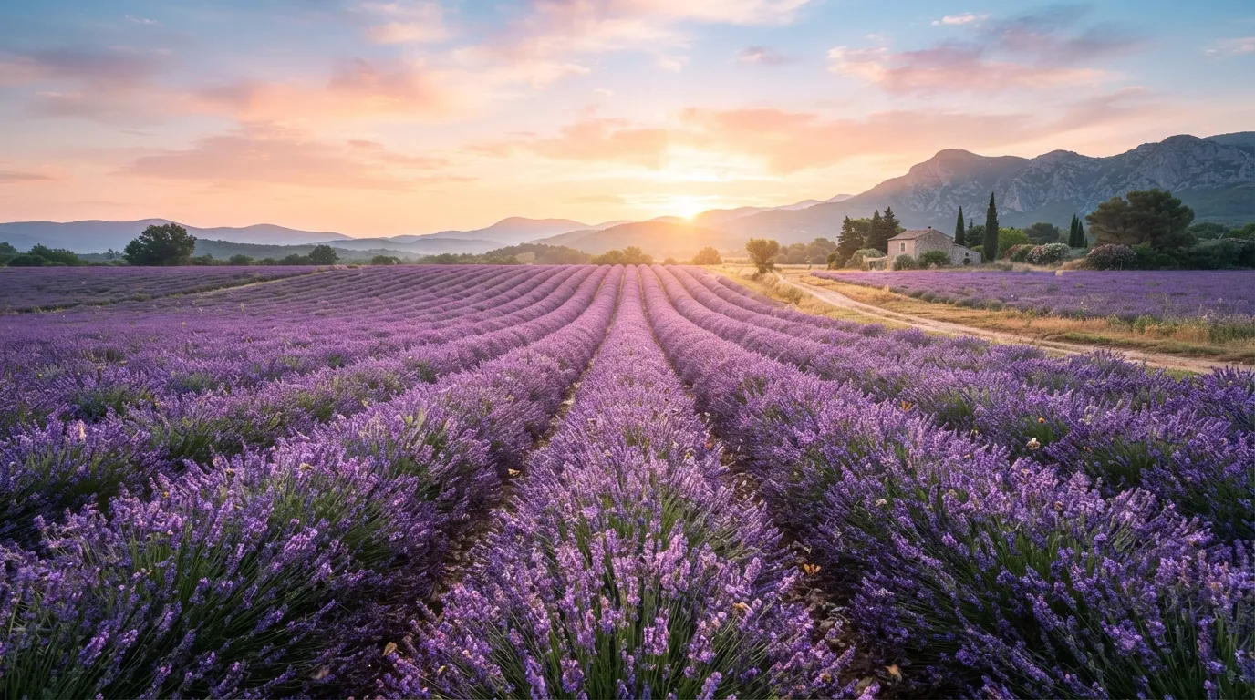 Rows of purple lavender flowers stretching towards a horizon under a colorful morning sky.